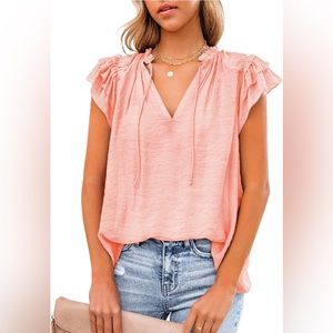 Women's Casual Boho V Neck Tops Drawstring Short Sleeve Pink T Shirt Blouses